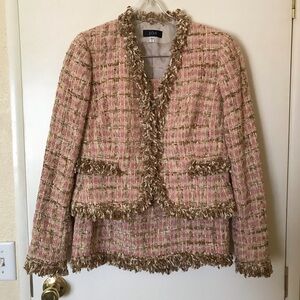 JON Vintage Tweed Skirt Suit Pink Tan Bouclé Fringe Jacket Sz 8  Nostalgic Festi